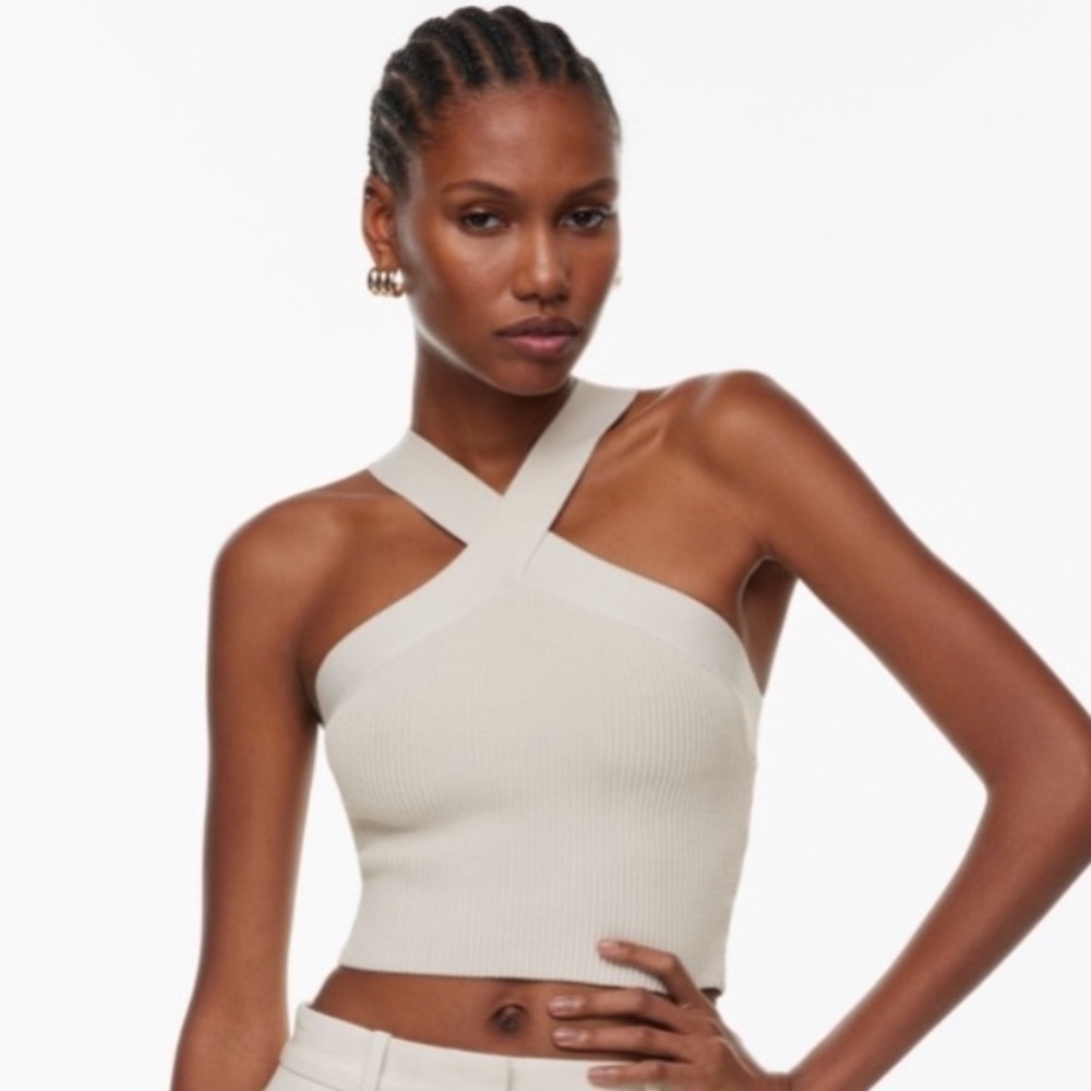 Babaton Aritzia Womens Small Sculpt Knit Criss Cross Cropped Top White Ribbed S